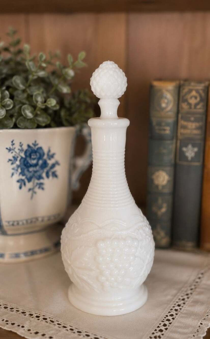 Vintage Imperial Milk Glass Niagara Grape Cruet with Hobnail Stopper